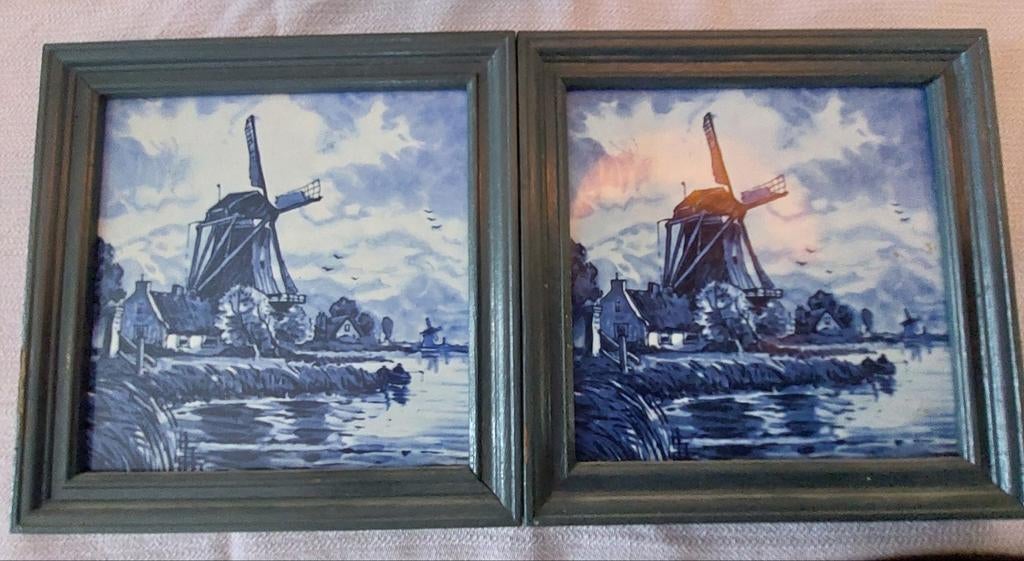 Set van 2 Delfts blauw stijl wandtegels met houten lijst!!, Antiek en Kunst, Ophalen of Verzenden