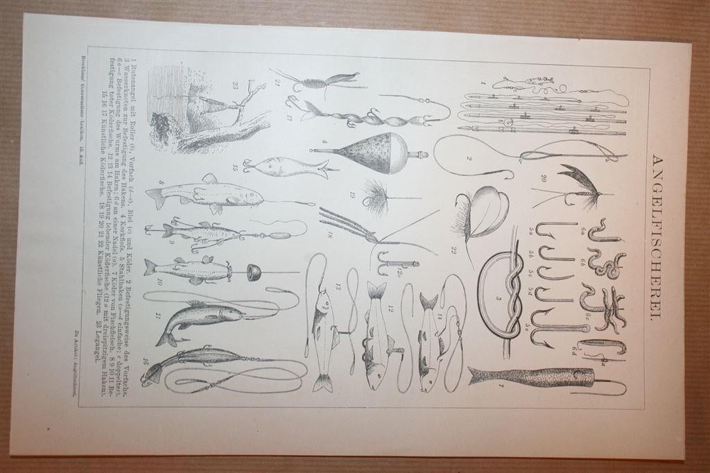 Antieke prent - Visgerei hengelsport - Circa 1885 !!, Ophalen of Verzenden, Voor 1940, Gebruikt, Overige onderwerpen