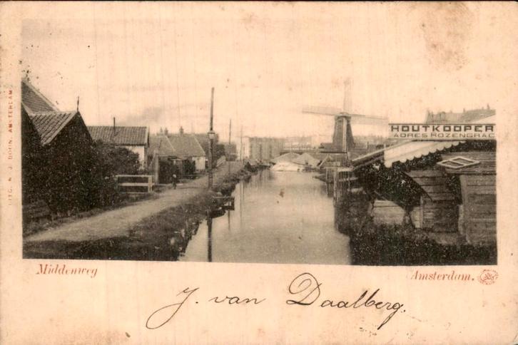 Amsterdam - Middenweg - Houtkooper en molen, Verzamelen, Ansichtkaarten | Nederland, Gelopen, Noord-Holland, Voor 1920, Ophalen of Verzenden