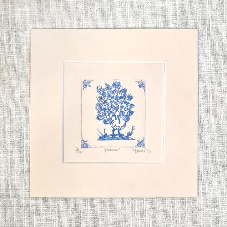 Print pauw, ivoorkleurig passe partout 15x15, handgemaakt, Huis en Inrichting, Woonaccessoires | Schilderijen, Tekeningen en Foto's