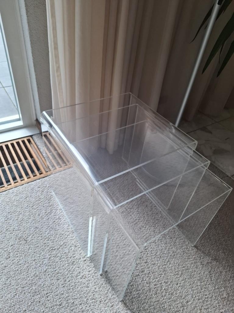 set van 3 plexiglas bijzettafel 1970, Ophalen, Minder dan 45 cm, Gebruikt, Vierkant