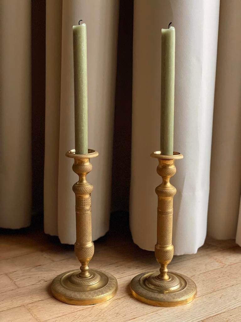 Paar Ormolu Vuurverguld brons Empire kandelaars - 1800-1825, Ophalen of Verzenden, Goud