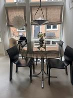 Mid century glazen rookglas ovale eettafel met chroom poten, Ophalen, Zo goed als nieuw, 4 tot 6 stoelen