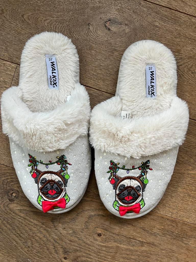 WALKX HOME Kerst Pantoffels Maat 37 met Mopshond, Ophalen of Verzenden, Zo goed als nieuw, Wit, Pantoffels of Sloffen