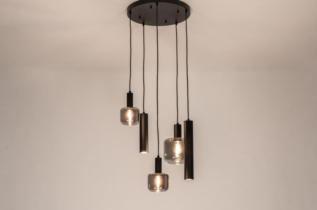 hanglamp 55cm rond kokers en rookglas vide salon tafel lamp, Huis en Inrichting, Lampen | Hanglampen, Ophalen of Verzenden, Nieuw