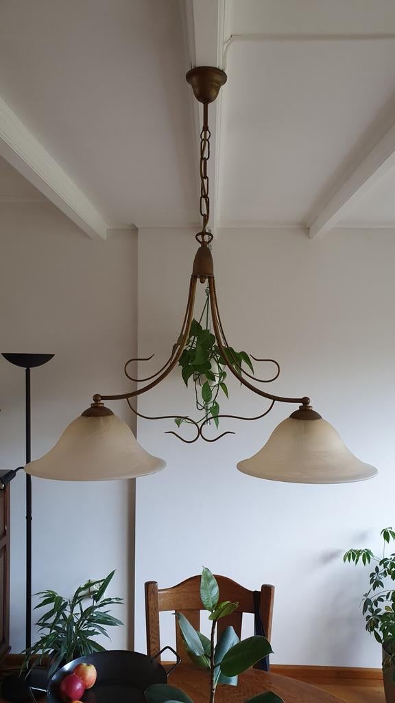 Dubbele hanglamp met glazen kappen staal/ brons, Ophalen of Verzenden, Gebruikt, Glas, 50 tot 75 cm