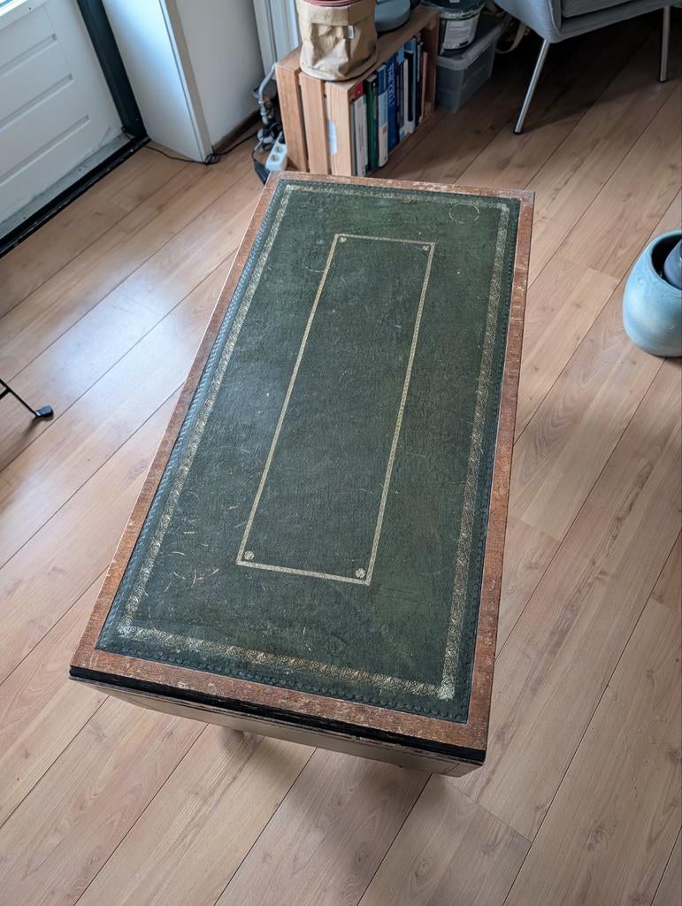 Vintage mahoniehouten klaptafel met blad van bewerkt leer, Ophalen, Gebruikt, Overige materialen, 100 tot 150 cm