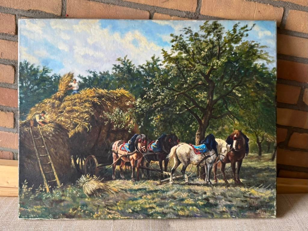 Schilderij 4 paarden hooiwagen akkerland - W.H. Aberson 1944, Antiek en Kunst, Ophalen of Verzenden