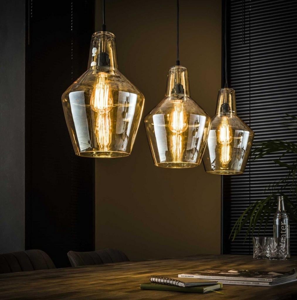 Hanglamp 3L Amber Glas Kegel NIEUW, Huis en Inrichting, Lampen | Hanglampen, Ophalen, 75 cm of meer, Modern, Glas