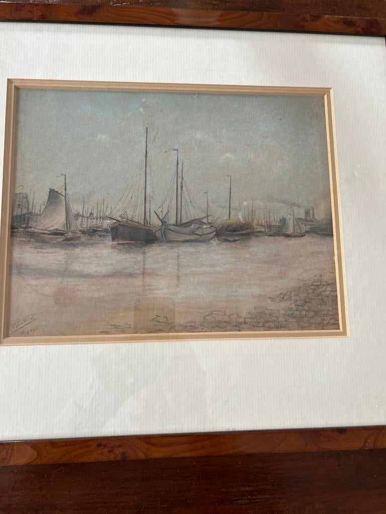 Schilderij AFM 48x44 - Havenzicht met boten, Antiek en Kunst, Ophalen of Verzenden
