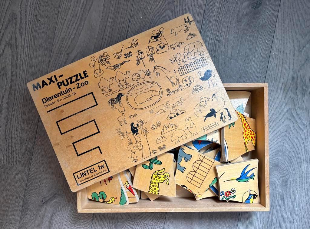 Houten vintage Maxi-Puzzle Dierentuin - Zoo (Lintel bv), 2 tot 4 jaar, Gebruikt, 10 tot 50 stukjes, Ophalen of Verzenden