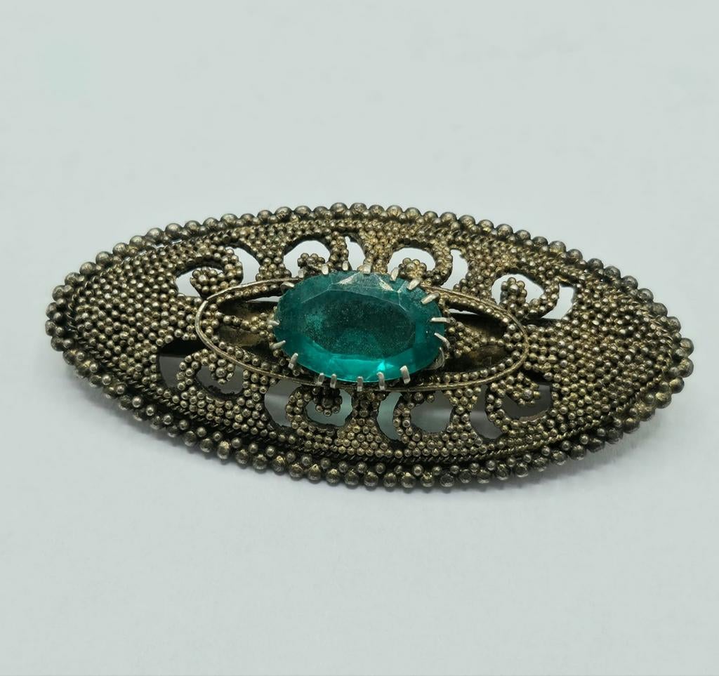 Zilveren Broche Met Groene Steen, Verzenden, ., Zo goed als nieuw, .