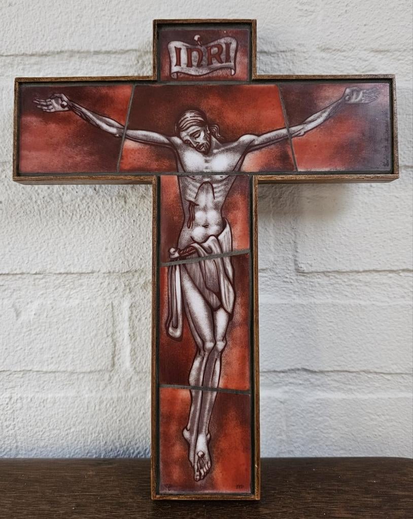 Opaline gebrandschilderd kruis Jesus INRI., Ophalen of Verzenden