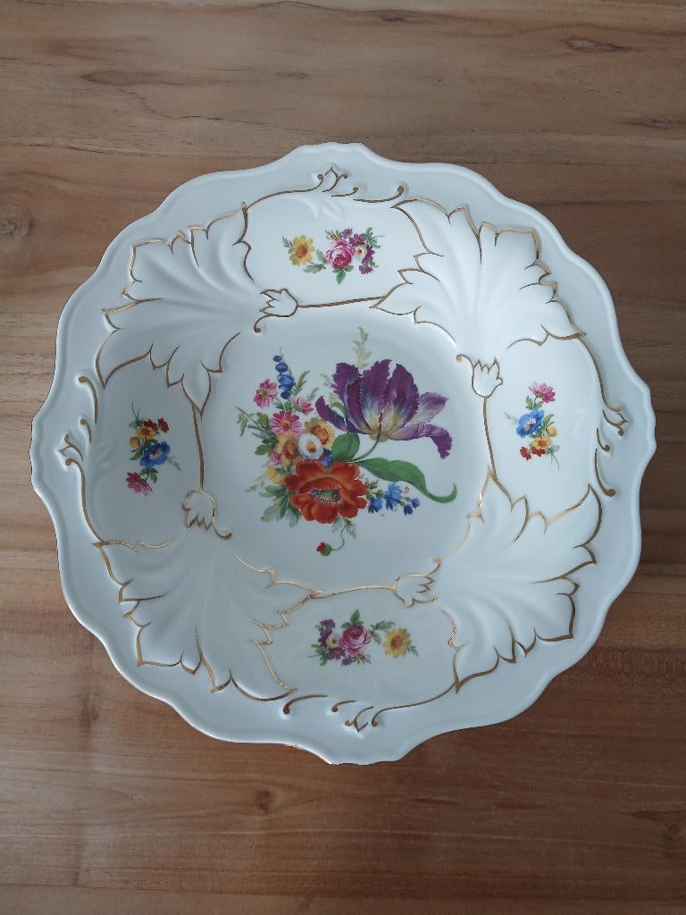 Thüringer Handarbeit groot bord jutta porcelein goud bloemen, Ophalen of Verzenden