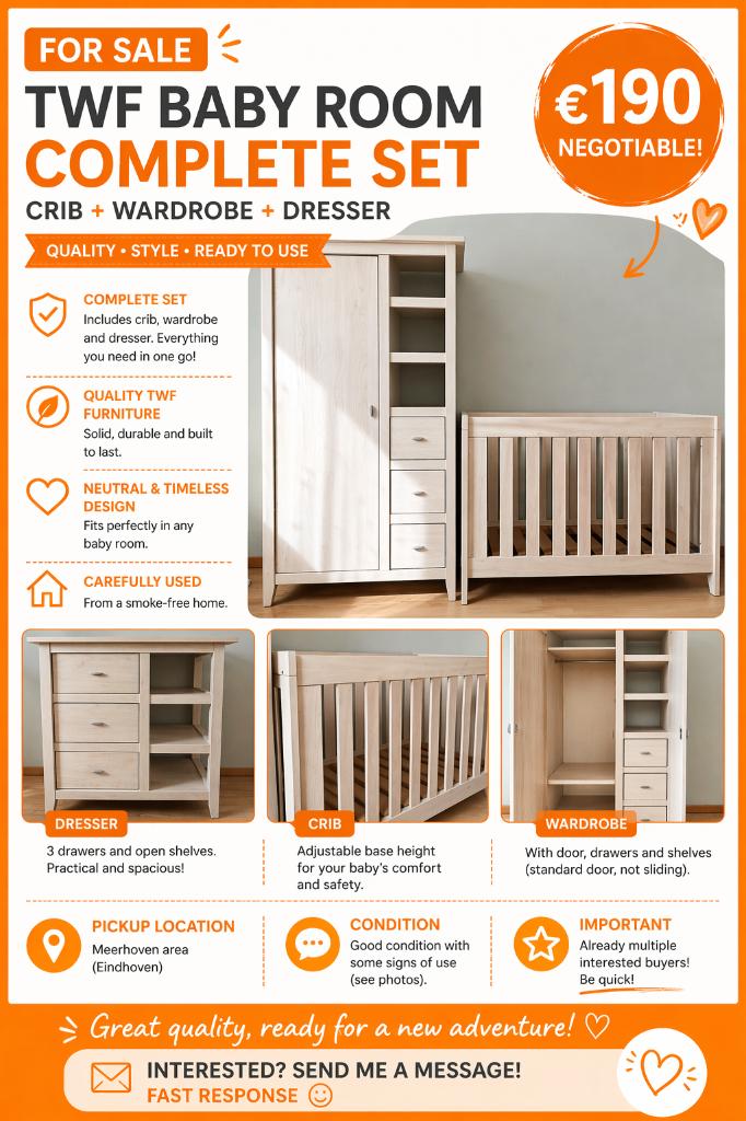 TWF Baby Room Set – Crib + Wardrobe + Dresser – €190, Kinderen en Baby's, Kinderkamer | Bedden, Gebruikt, 180 cm of meer, 85 tot 100 cm
