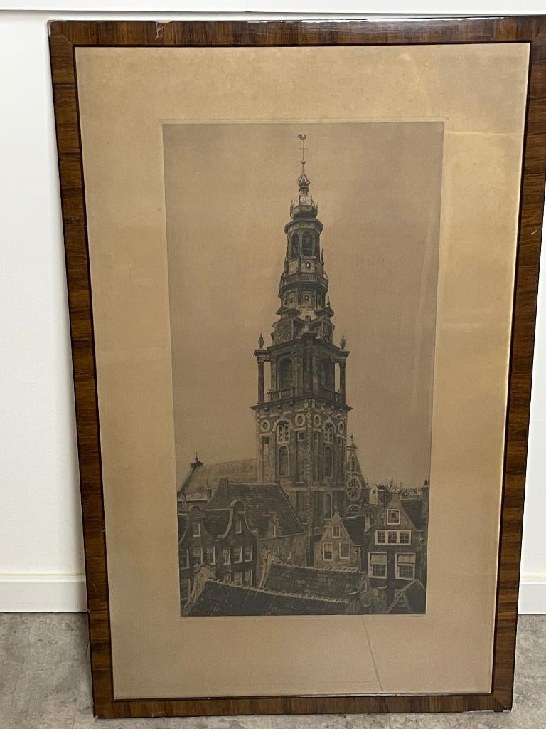 Dirk Harting grote ets Oude Kerk Amsterdam, Ingelijst, Ets, Stadsgezicht, 60 cm