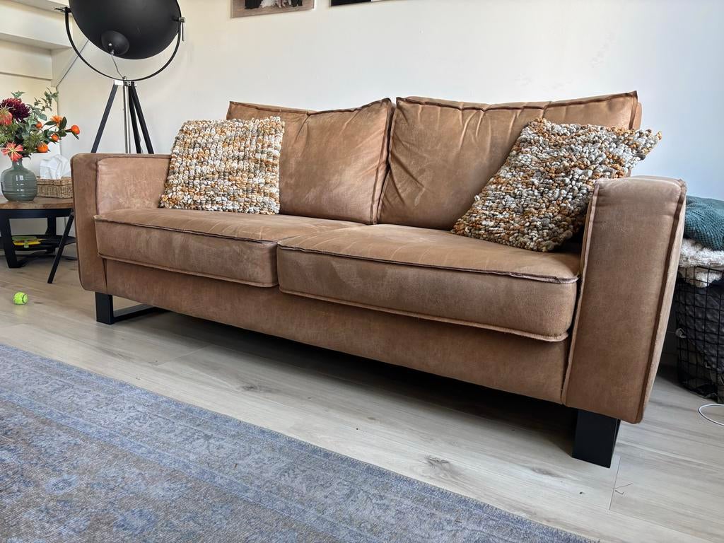Comfortabele 2,5-zitsbank in bruin leerlook, Huis en Inrichting, Ophalen, Gebruikt, 150 tot 200 cm, Tweepersoons