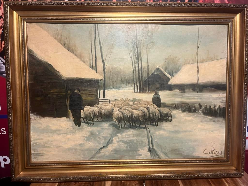 Schilderij op hout: Winterlandschap met schapen en herder, Antiek en Kunst, Kunst | Schilderijen | Klassiek, Ophalen of Verzenden