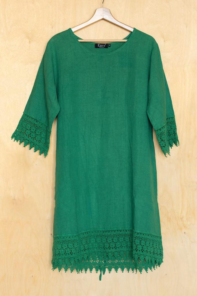 envy Collection groene linnen jurk met kant 38 M, Kleding | Dames, Jurken, Zo goed als nieuw, Maat 38/40 (M), Groen, Onder de knie