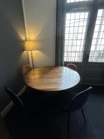 Eethoek ronde houten tafel 4 gekleurde stoffen stoelen, Ophalen, Gebruikt, 4 tot 6 stoelen