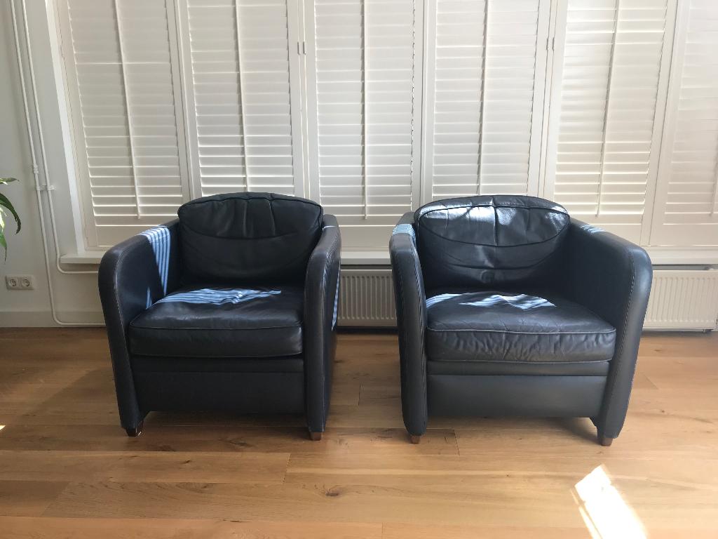 Fauteuils, 2X lederen kuip fauteuils, Huis en Inrichting, Fauteuils, Gebruikt, Hout, Leer, Stof, Overige materialen, 75 tot 100 cm
