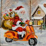 Schilderij kerstman op scooter, Ophalen of Verzenden
