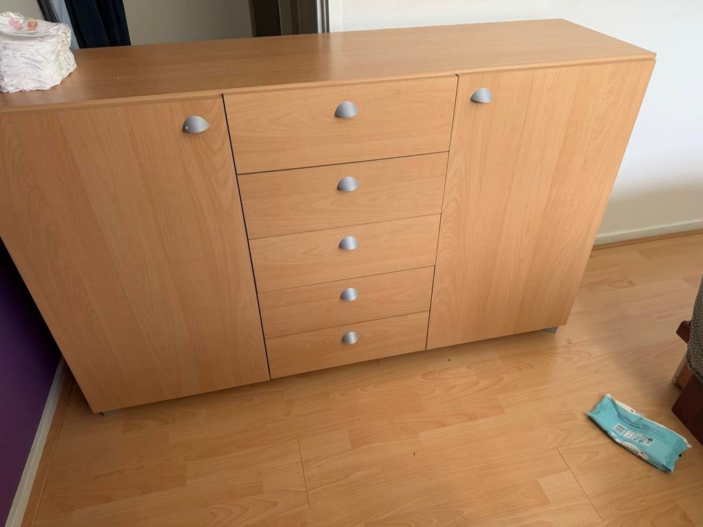 Kast beukenlook 140x40x86 cm met deuren en lades, Ophalen, Gebruikt, 100 tot 150 cm, Met lade(s)