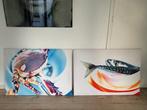 Kleurrijke krab & makreel / vissen panelen, Antiek en Kunst, Kunst | Schilderijen | Klassiek, Ophalen of Verzenden