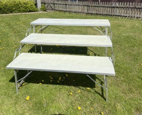 markttafel opvouwbaar met 3 verschillende niveaus. 153 breed, Huis en Inrichting, Tafels | Sidetables, Gebruikt, 25 tot 50 cm