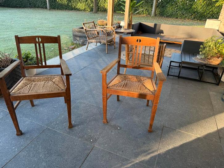 Houten stoelen met rieten zitting (2 stuks), Huis en Inrichting, Stoelen, Gebruikt, Twee, Hout, Bruin, Ophalen of Verzenden