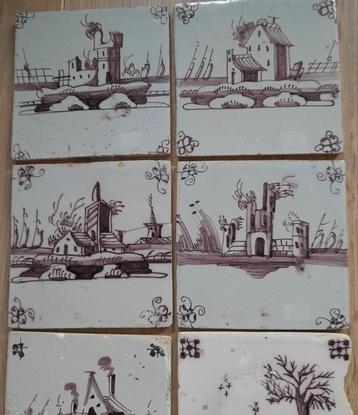 8 antieke landschapstegels, 18e eeuw sepia beschikbaar voor biedingen