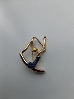 Goudkleurige broche turnster blauw pakje strass, Verzenden, Nieuw, Blauw