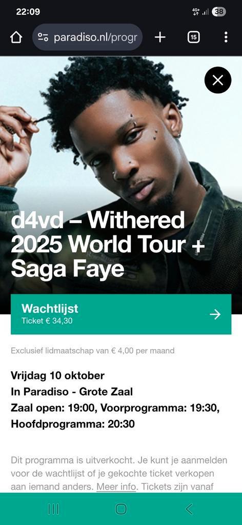 2 tickets D4VD Paradiso 10 oktober, Tickets en Kaartjes, Concerten | Pop, Twee personen, Oktober