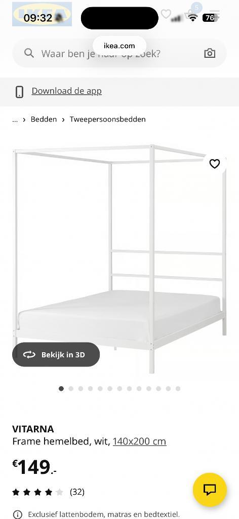 IKEA hemelbed, Huis en Inrichting, Slaapkamer | Bedden, Zo goed als nieuw, Eenpersoons, 140 cm, 200 cm, Metaal, Wit, Ophalen of Verzenden