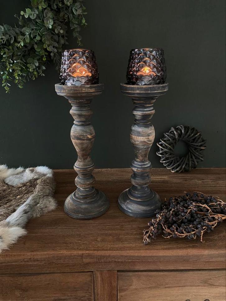 Stoere landelijke houten kandelaar 30 cm, Huis en Inrichting, Woonaccessoires | Kandelaars en Kaarsen, Nieuw, Kandelaar, 25 tot 50 cm