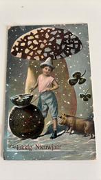 Grote paddestoel.Jongen in sneeuw,varken,geld,klaver 4., Verzamelen, Ansichtkaarten | Themakaarten, Ophalen of Verzenden, Ongelopen