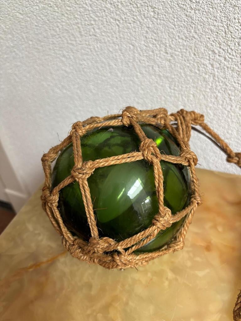 Drijverbal, glas, groen, macramé met lampje, Ophalen of Verzenden