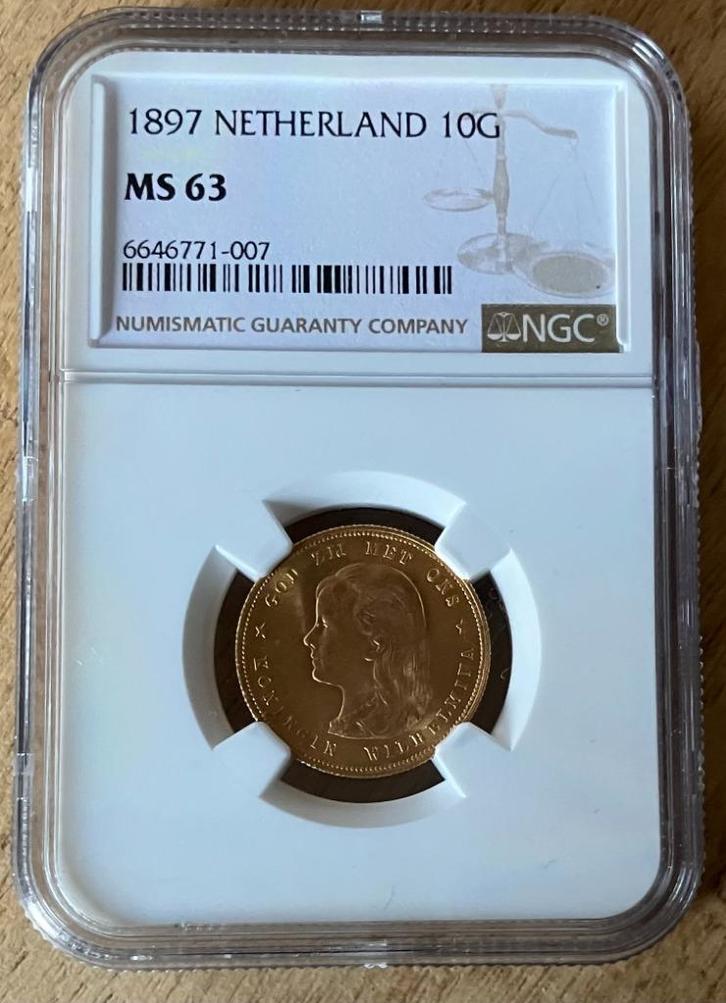 gecertificeerde 10 gulden 1897 goud NGC MS63, Postzegels en Munten, Munten | Nederland, Losse munt, 10 gulden, Koningin Wilhelmina
