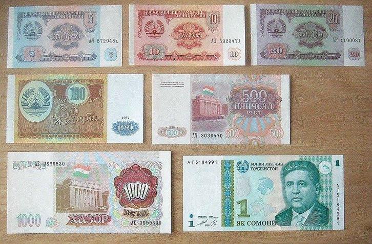 Tajikistan 1994-1999, 7 verschillende bankbiljetten (UNC), Postzegels en Munten, Bankbiljetten | Azië, Setje, Zuidoost-Azië, Verzenden
