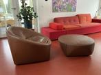 Minotti capri base armchair met hocker bruin leer, Gebruikt, 75 tot 100 cm, Ophalen, Modern vintage
