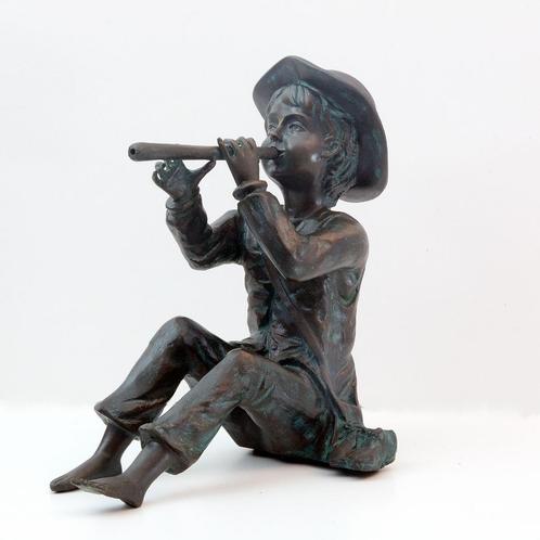 Bronzen waterornament - Toni met fluit, Tuin en Terras, Tuinbeelden, Zo goed als nieuw, Mensenbeeld, Metaal, Ophalen of Verzenden