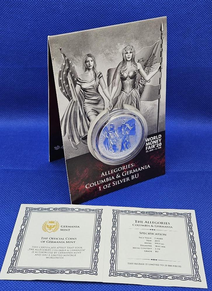 (8835) Germania Mint COLOMBIA & GERMANIA 5 MARK ONE OUNCE, Postzegels en Munten, Munten | Europa | Niet-Euromunten, Setje, Duitsland