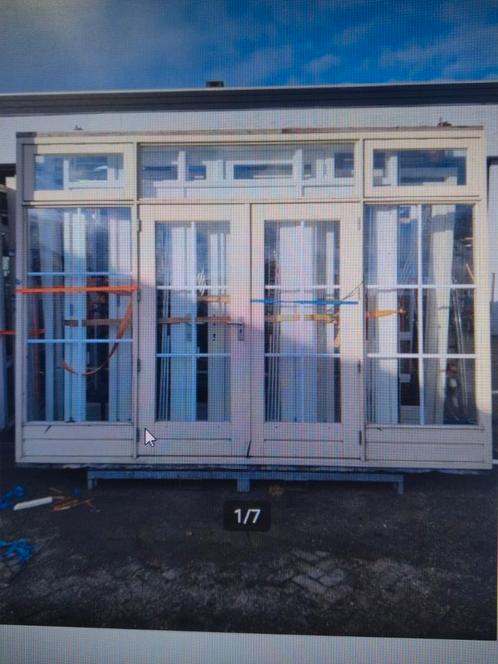 Hardhout kozijn met dubbele tuindeuren, Doe-het-zelf en Verbouw, Deuren en Horren, Zo goed als nieuw, Buitendeur, 215 cm of meer