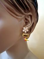 Oorbellen bloem en vogeltje roze/geel met Swarovski kristal, Met kristal, Overige materialen, Verzenden, Nieuw