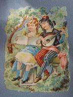 Antiek Poesieplaatje - Kinderen met Boek & Luit 10 x 7.5 cm, Verzenden