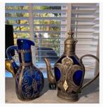 2 x Glazen blauwe kruik Marokko opgelegd kruik filigraan, Ophalen of Verzenden