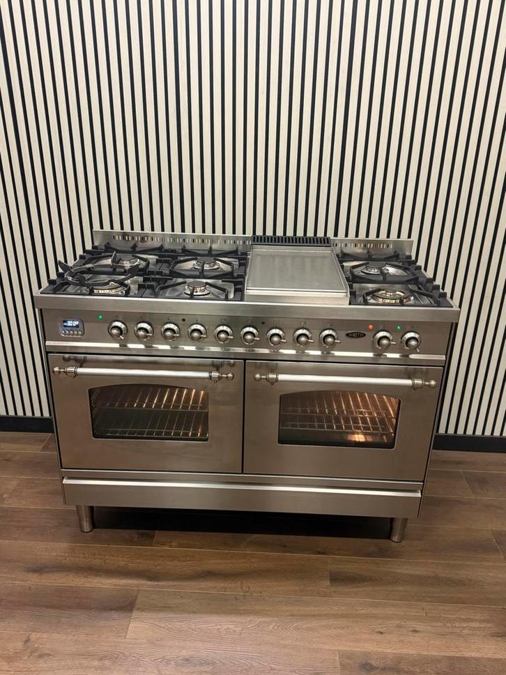Boretti 120 cm Fornuis Dubbele Oven tot 300C FryTop & 6 Pits, Witgoed en Apparatuur, Fornuizen, Zo goed als nieuw, Vrijstaand