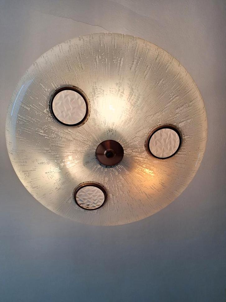 Italiaanse hanglamp glas Deco Fontana Arte-stijl, Huis en Inrichting, Lampen | Plafondlampen, Gebruikt, Glas, Metaal, Ophalen of Verzenden