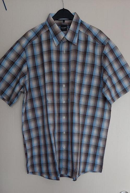 Blauw Bruin geruit overhemd met korte mouw, Olymp, maat XL, Kleding | Heren, Overhemden, Zo goed als nieuw, Halswijdte 43/44 (XL)