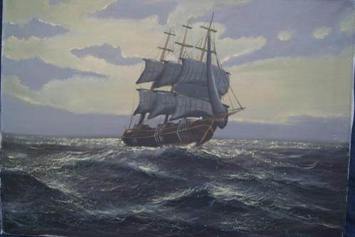 Oud olieverf schilderij met een zeilschip, Antiek en Kunst, Kunst | Schilderijen | Klassiek, Ophalen of Verzenden
